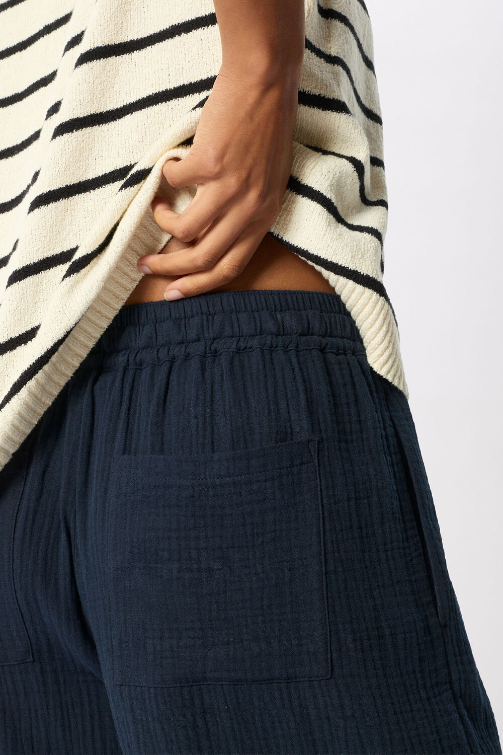 Navy Wide Crop Cheesecloth Trouser