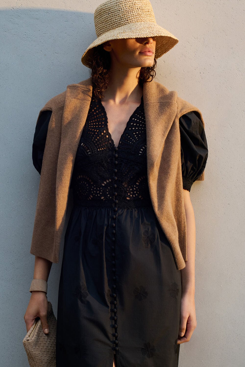 Black Petite Cotton Broderie V Neck Dress