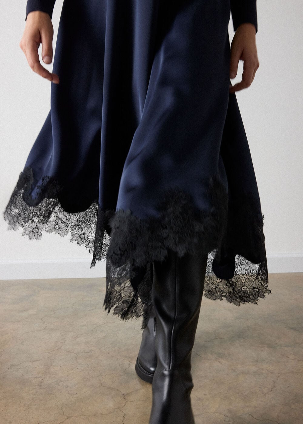 Navy Knit Hybrid Lace Trim Dress