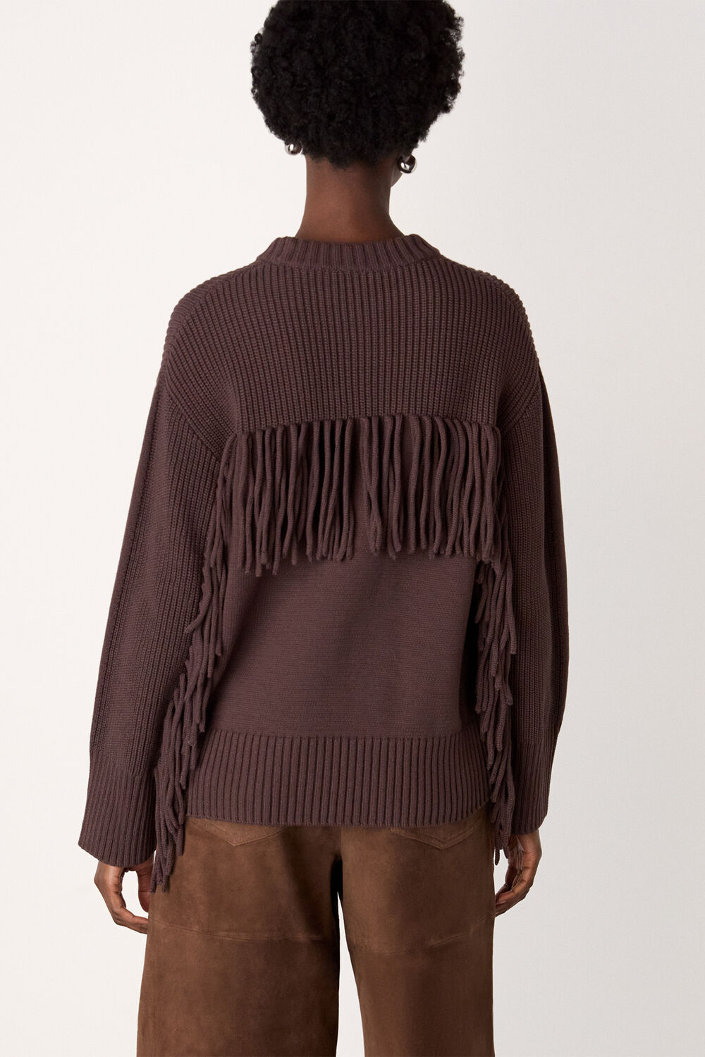Brown Fringe Rib Detail Cotton Knit
