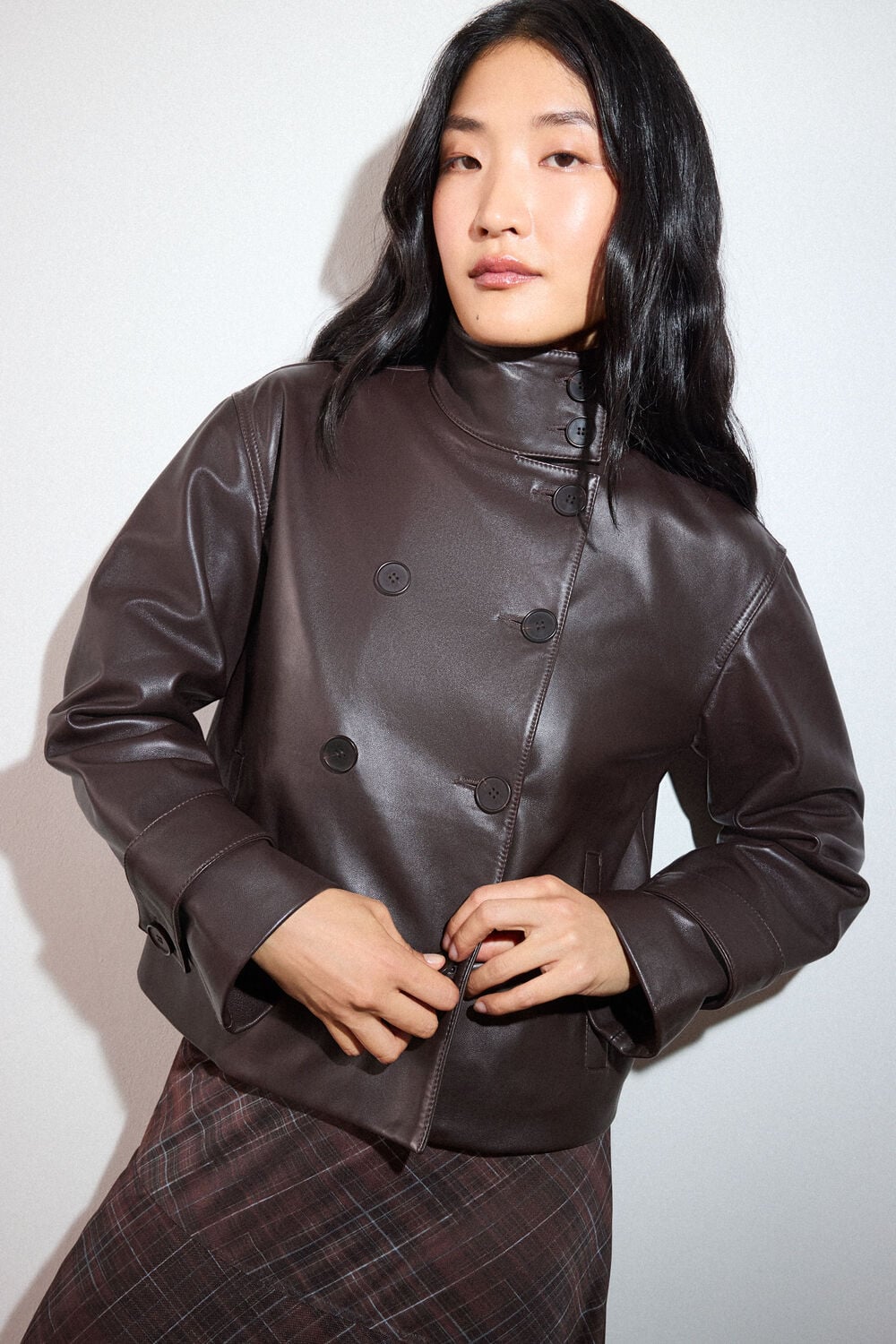 Chocolate Funnel Neck Leather Jacket