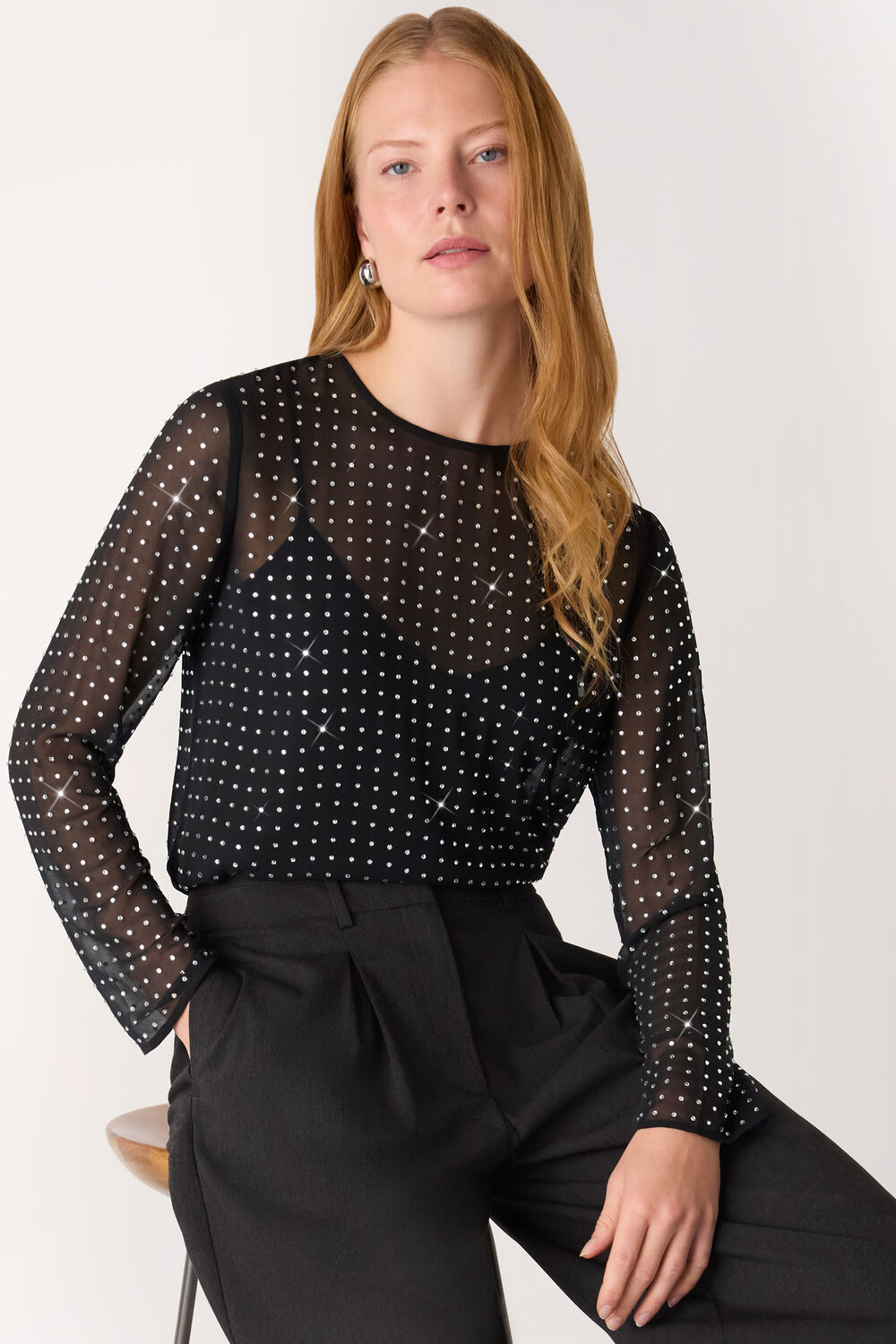 Black Hot Fix Sheer Sleeve Blouse