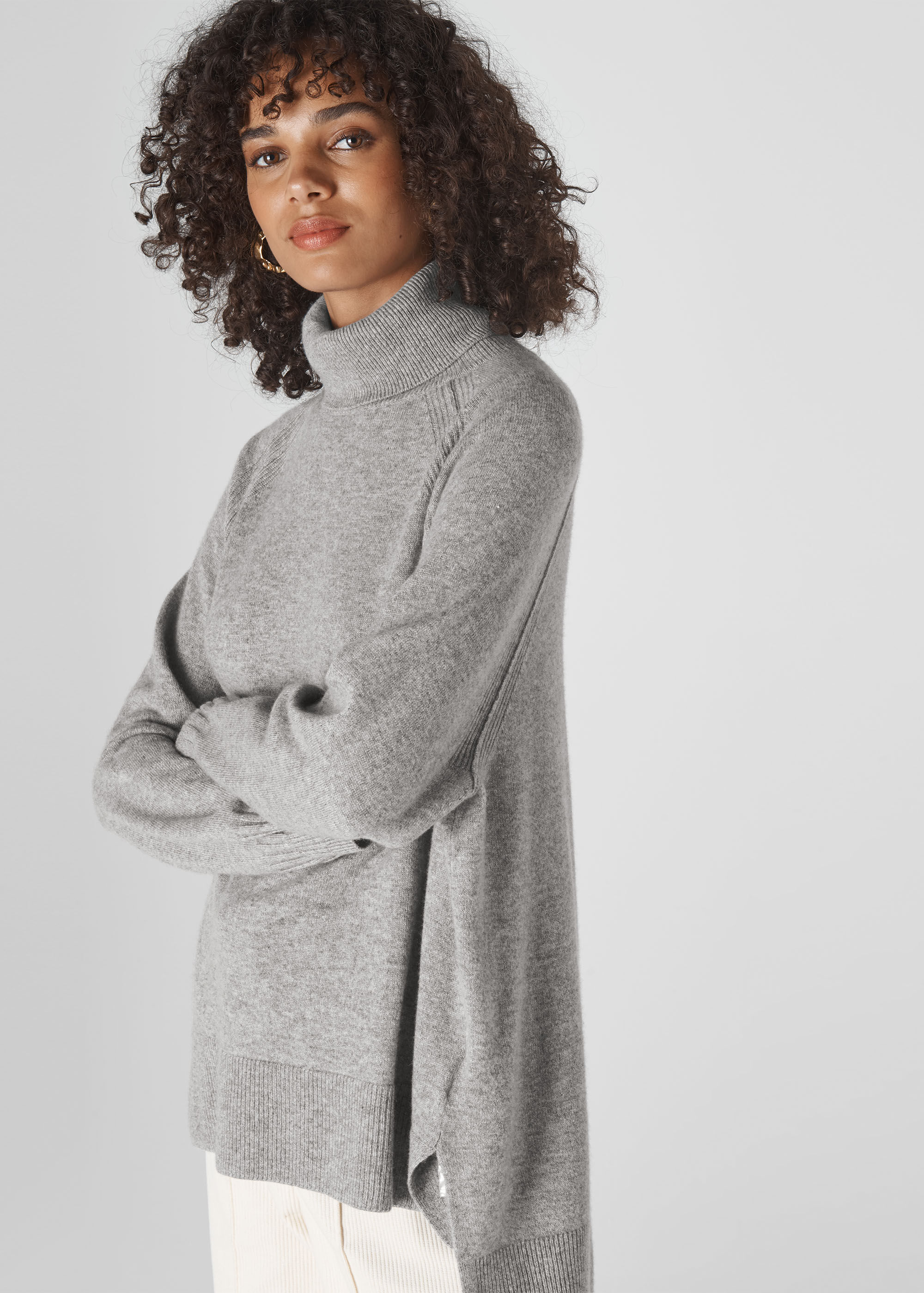 Grey Cashmere Roll Neck Sweater