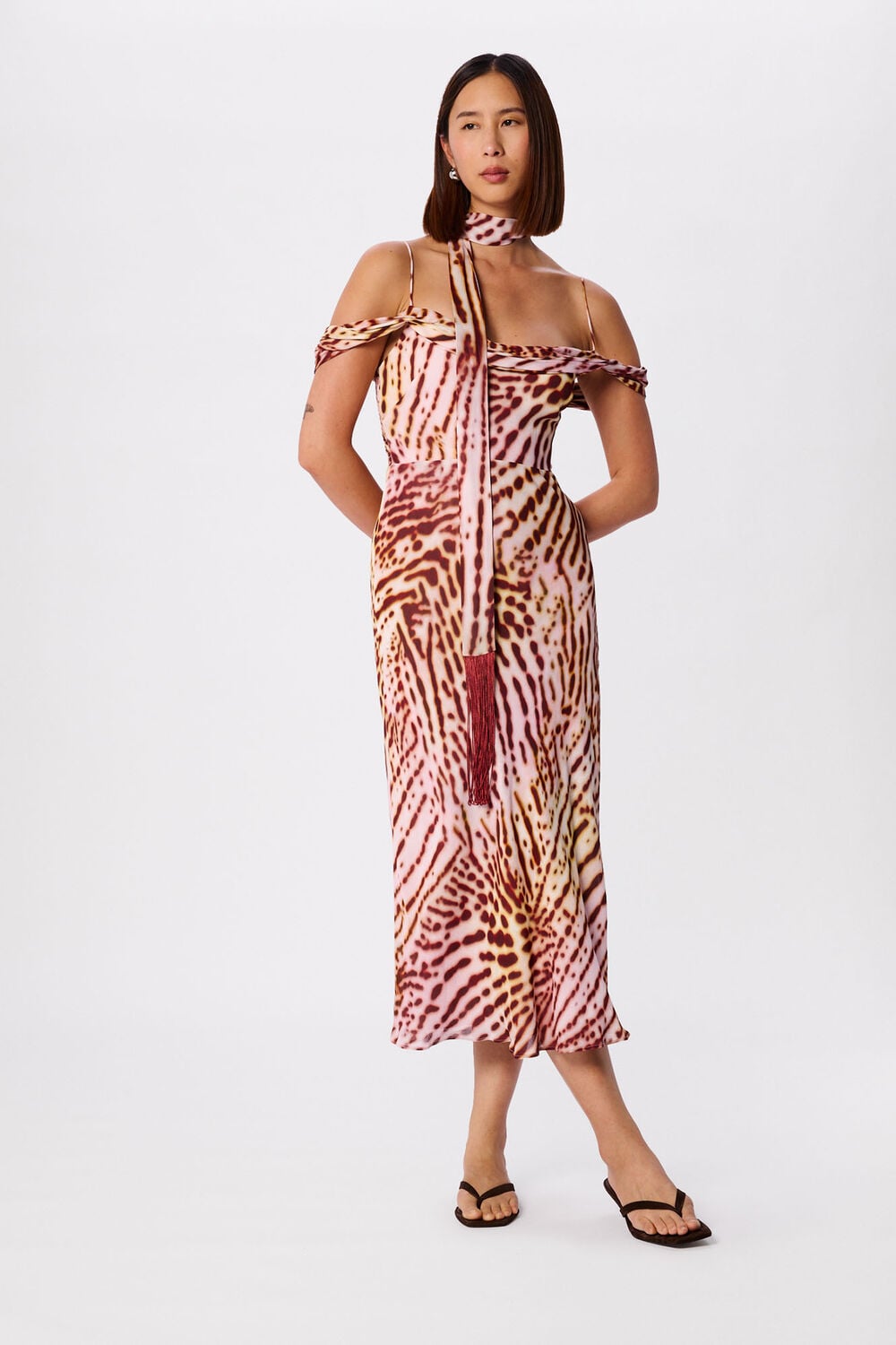 Pink Orchid Print Scarf Midi Dress