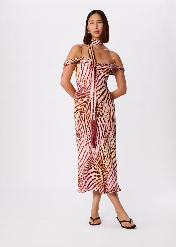 Pink Orchid Print Scarf Midi Dress