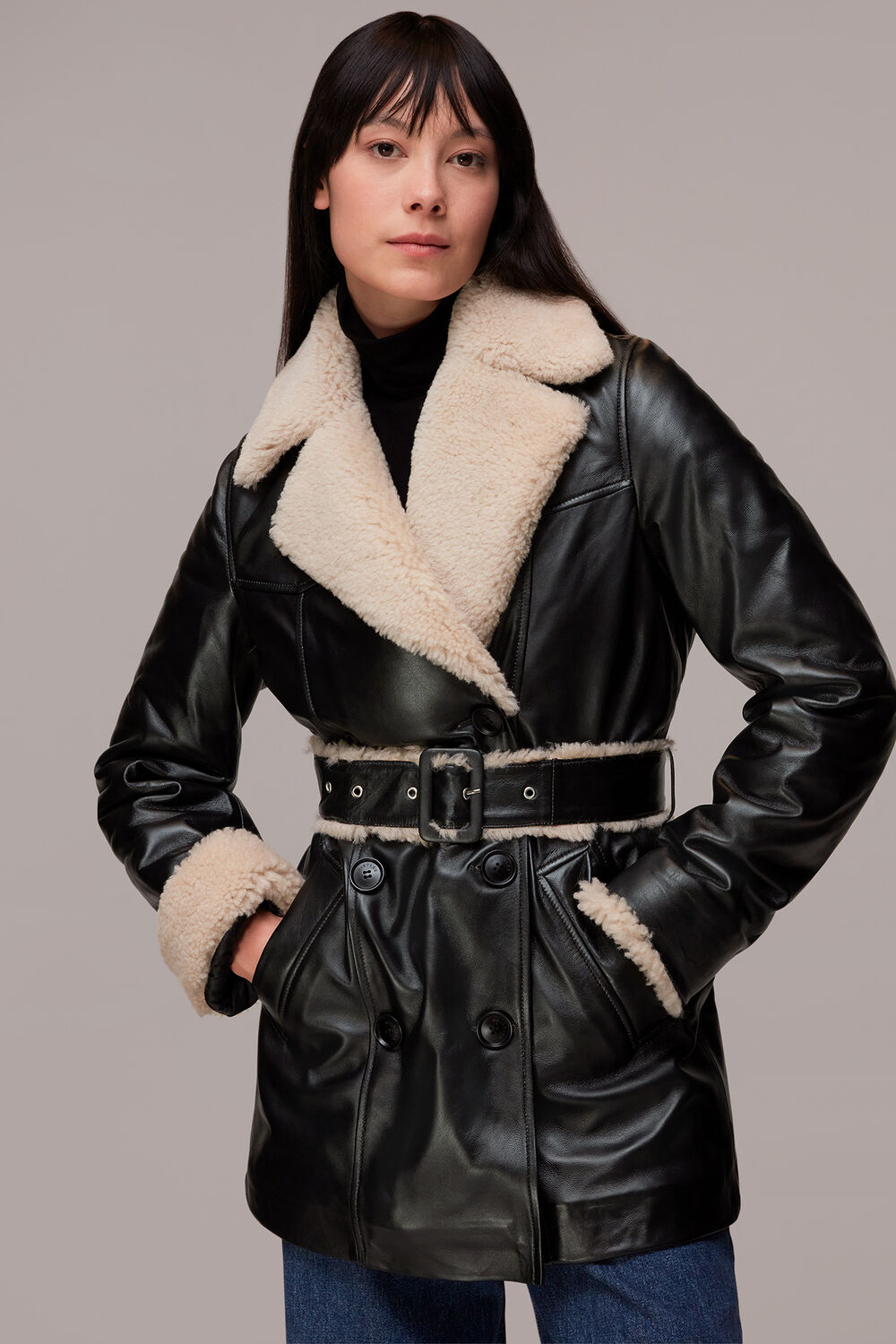 Black Maya Leather Belted Coat