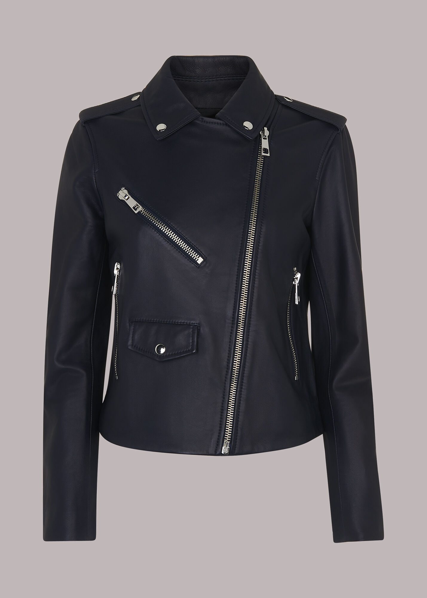 Navy Agnes Pocket Leather Jacket | WHISTLES