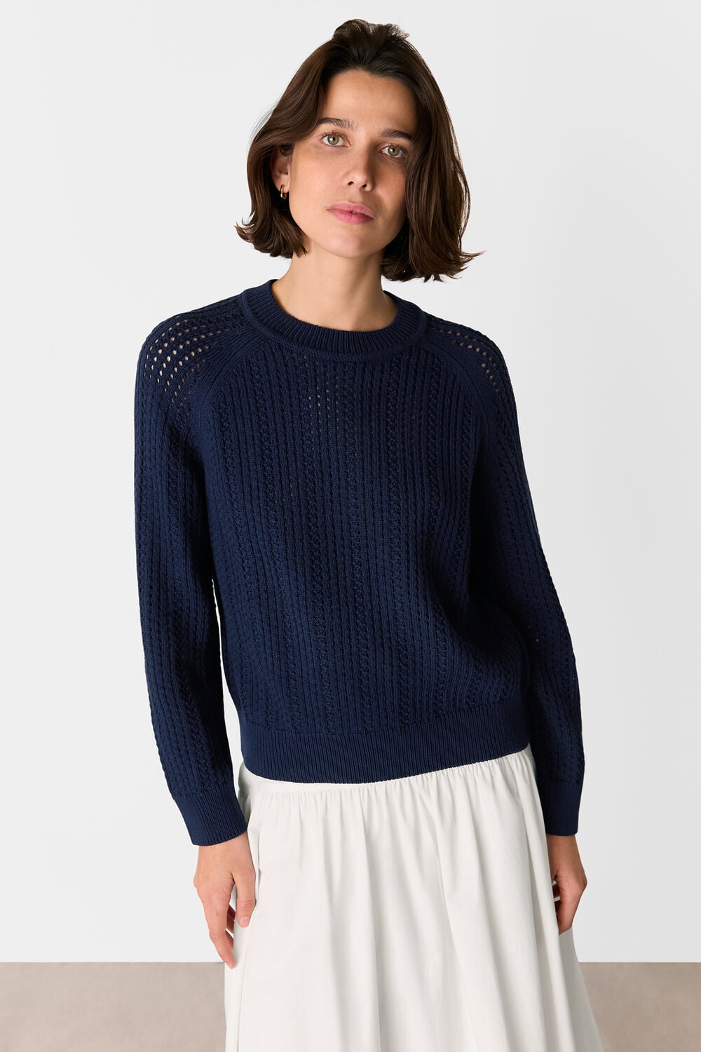 Navy Pointelle Crew Neck Sweater