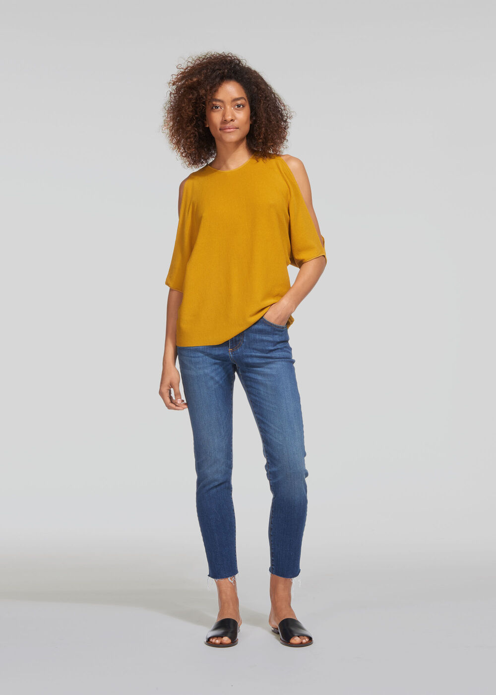 Split Shoulder Fine Knit Tee Yellow