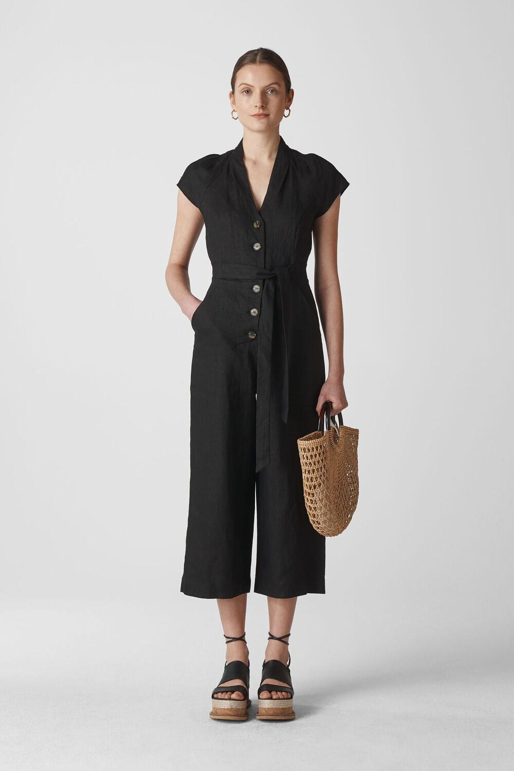 Sana Linen Button Jumpsuit Black