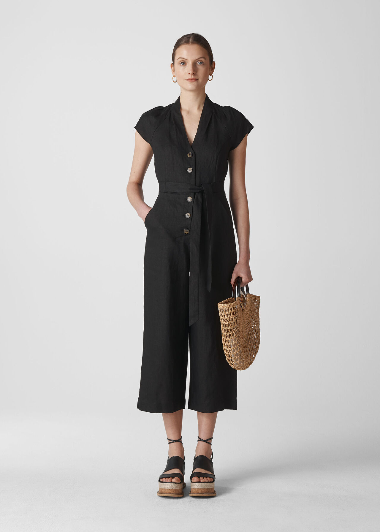 Sana Linen Button Jumpsuit Black