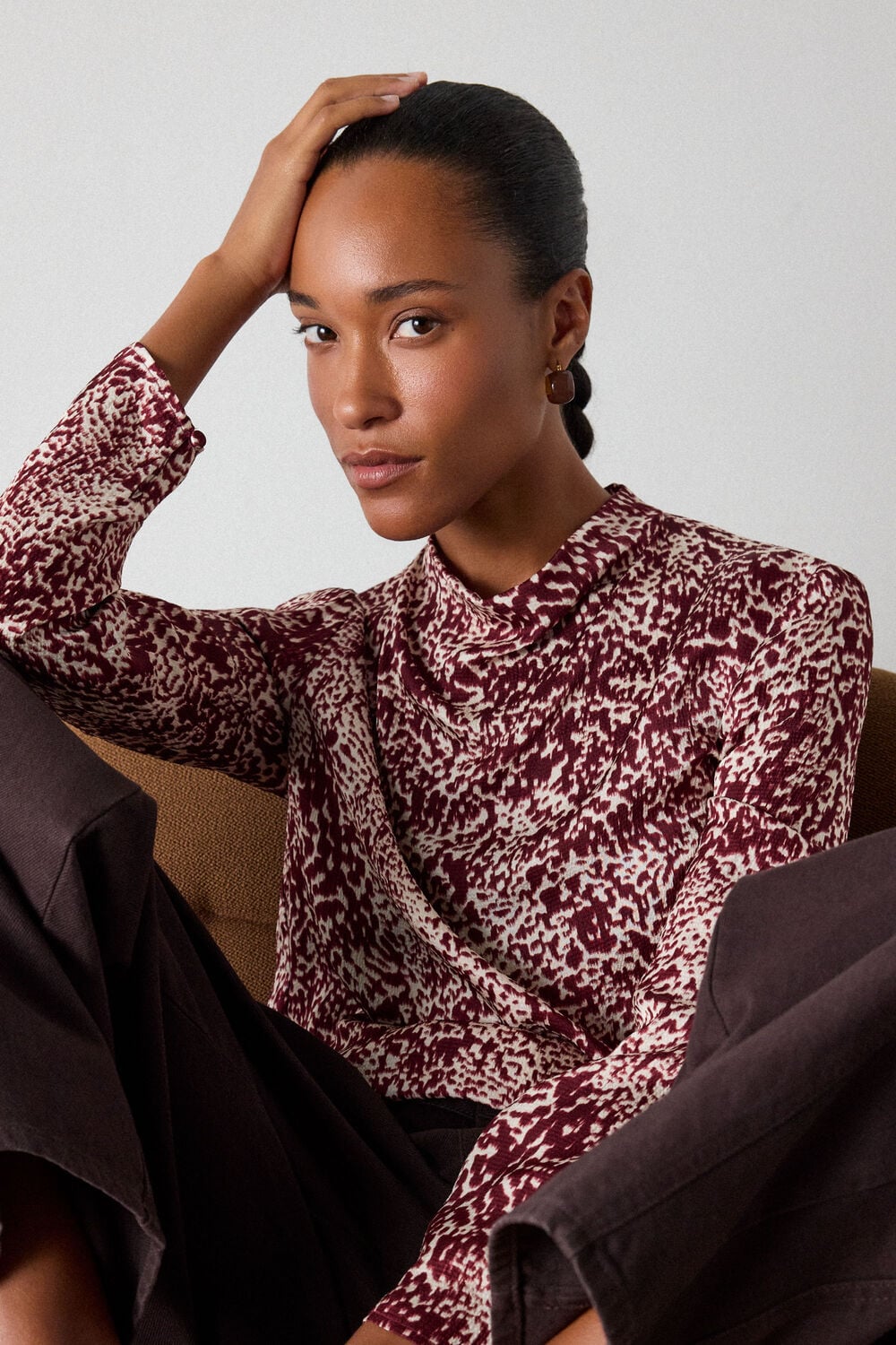 Burgundy Feathered Animal Satin Blouse