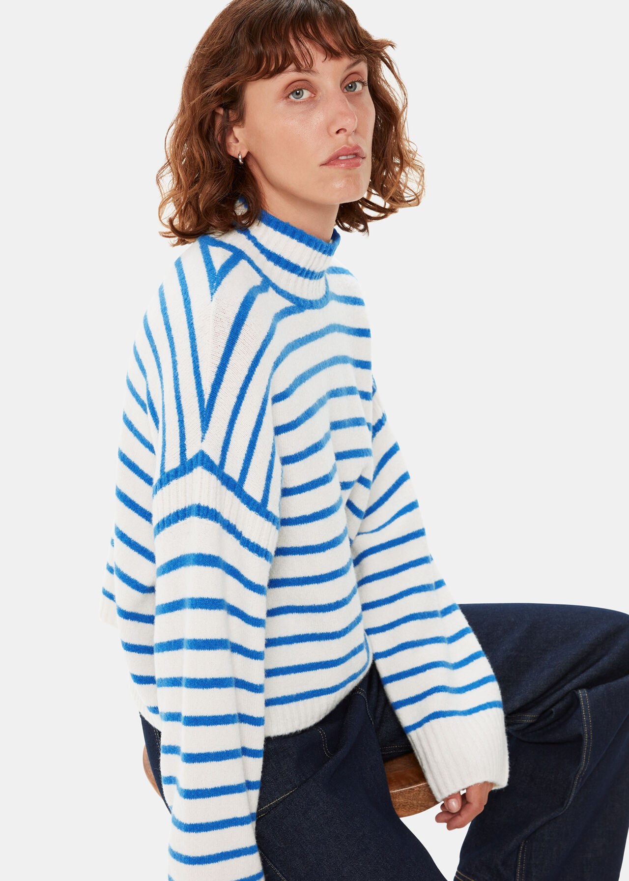 Blue/Multi Stripe Rib Detail Funnel Knit | WHISTLES