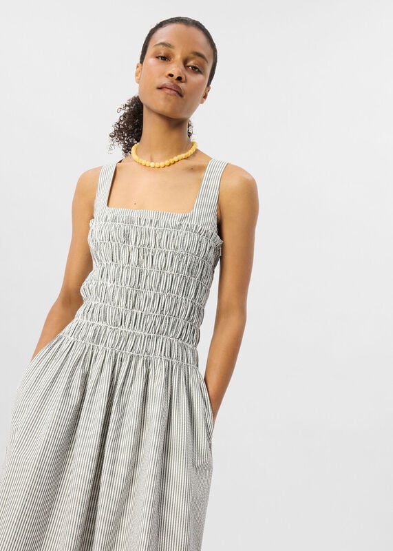 White Seersucker Ruched Bodice Dress