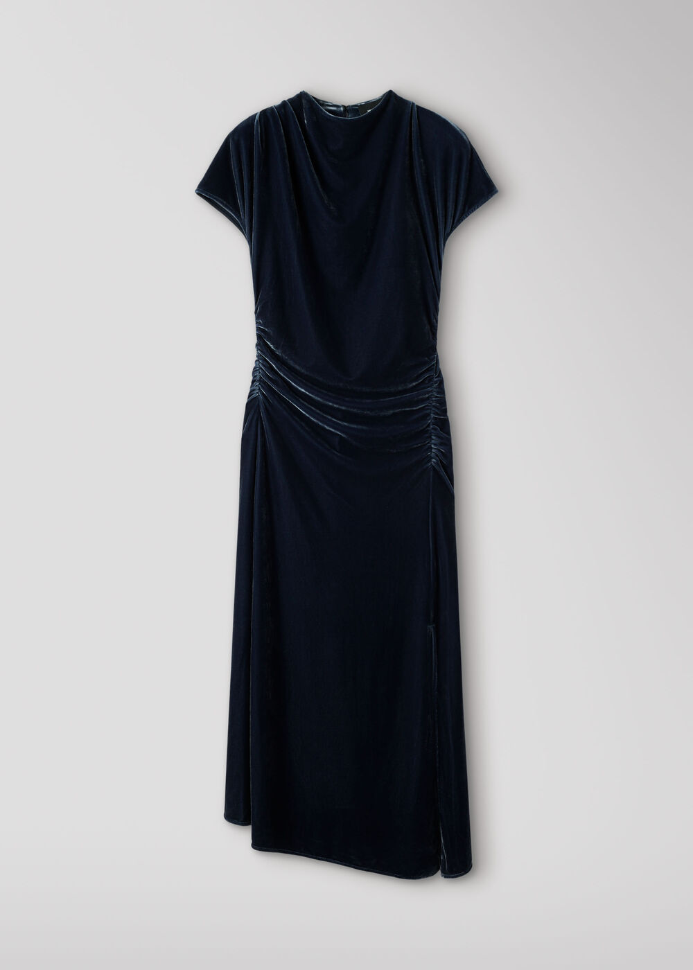 Navy Petite Velvet Ruched Midi Dress