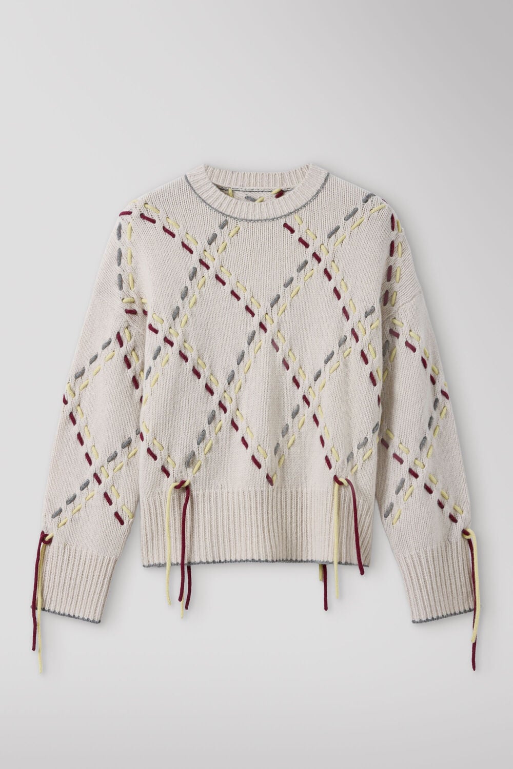 Ivory Fringed Argyle Check Knit