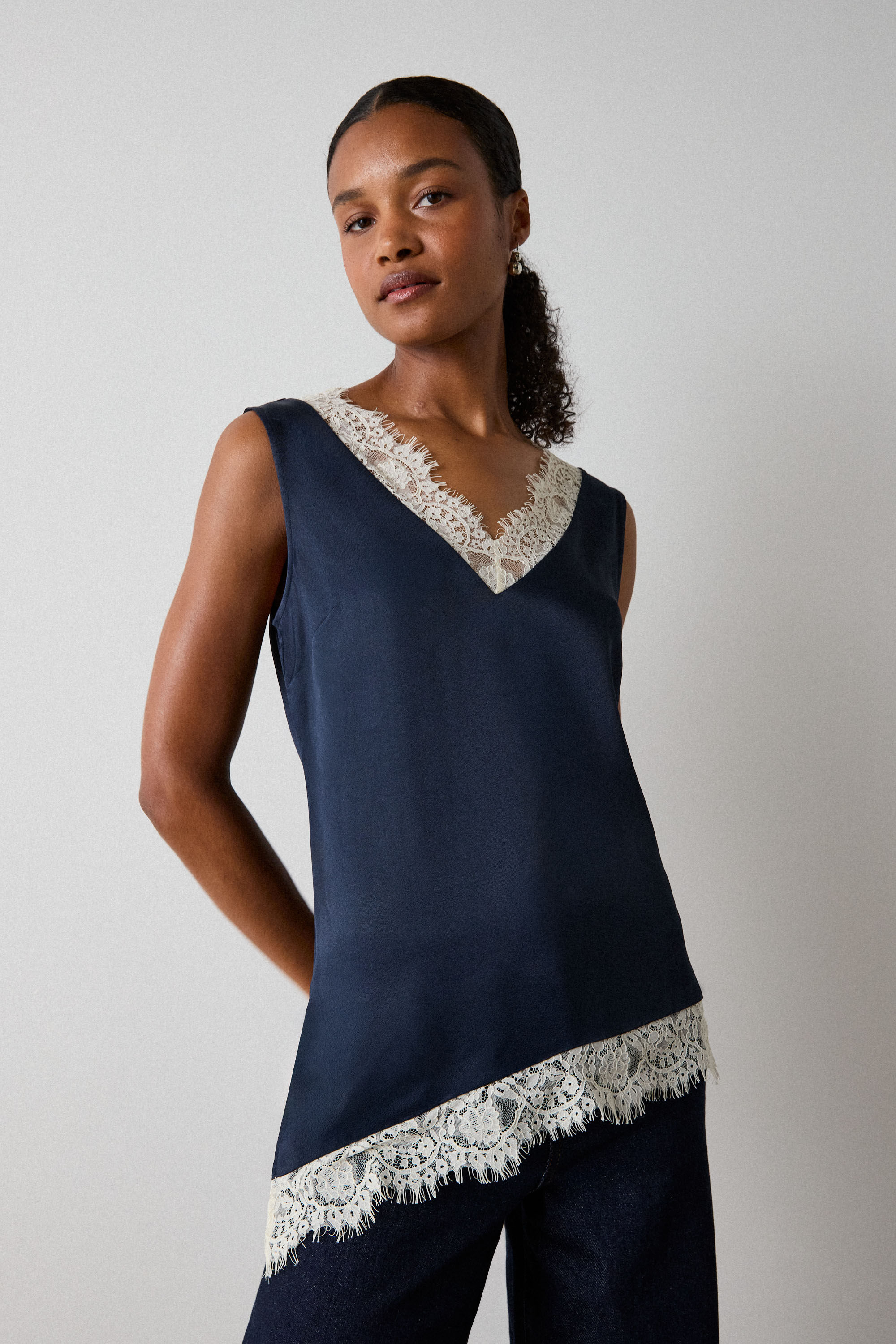 Navy/Multi Lace Trim Satin Cami Top | WHISTLES | Whistles US |