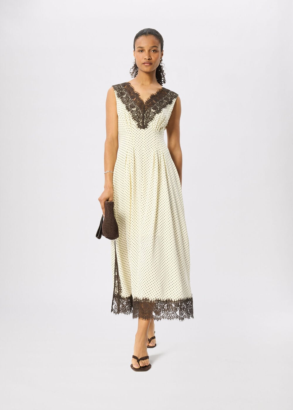 Lace V Neck Spot Midi Dress