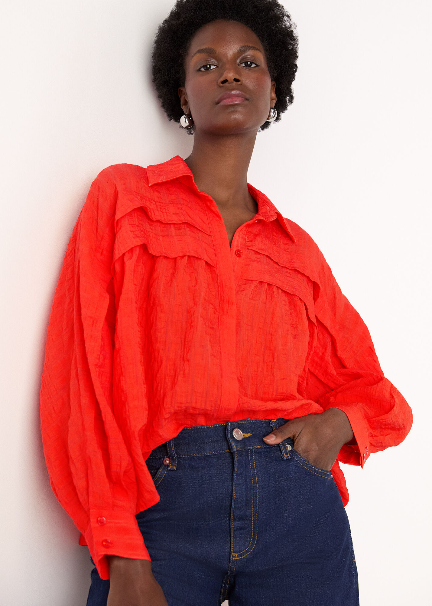 Red Textured Frill Detail Blouse | WHISTLES | Whistles UK |