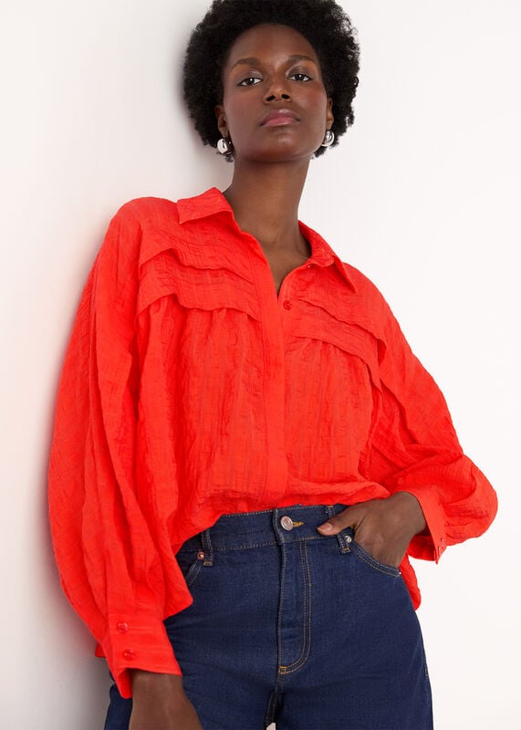 Red Textured Frill Detail Blouse