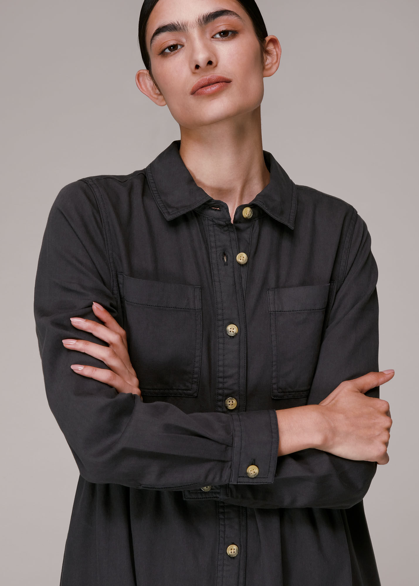 button up solid shirt dress main image 1