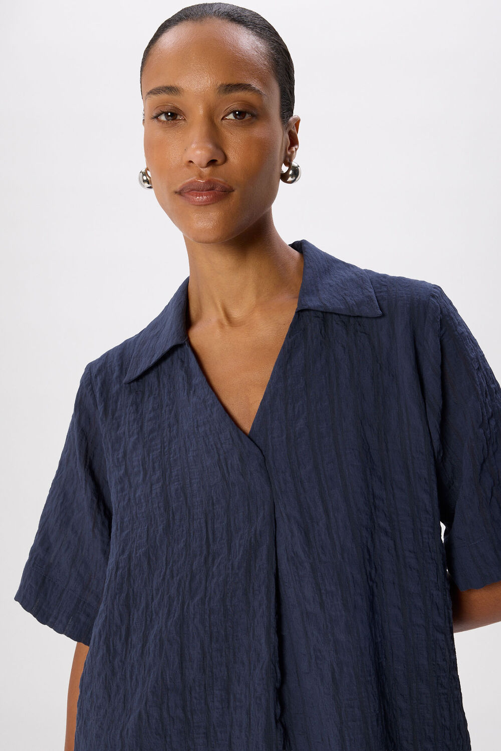 Navy Textured Relaxed Short Dress