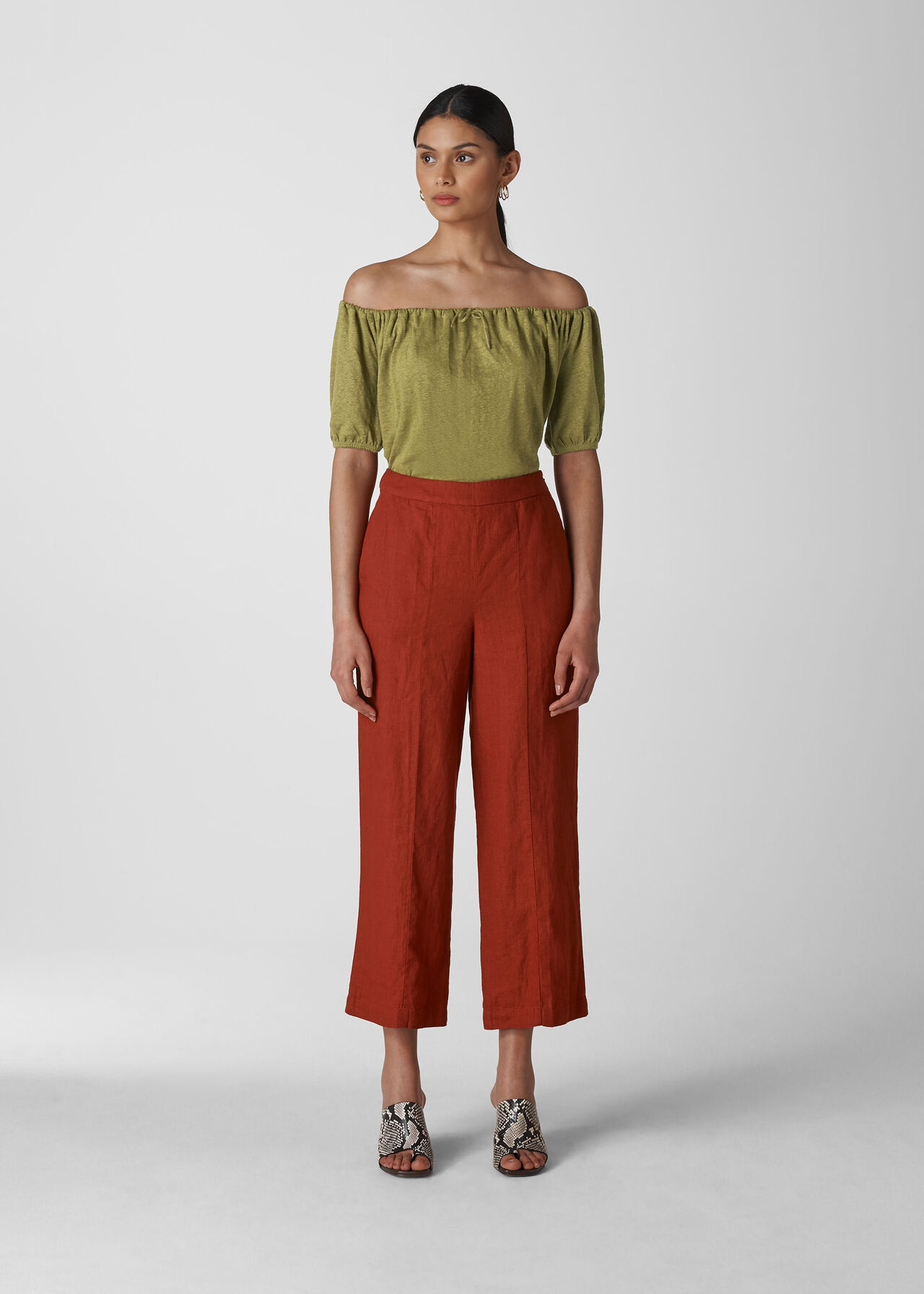 Drawstring Bardot Linen Top Olive