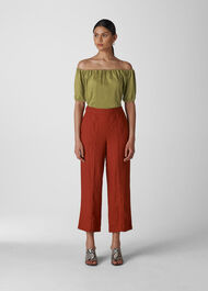 Drawstring Bardot Linen Top Olive