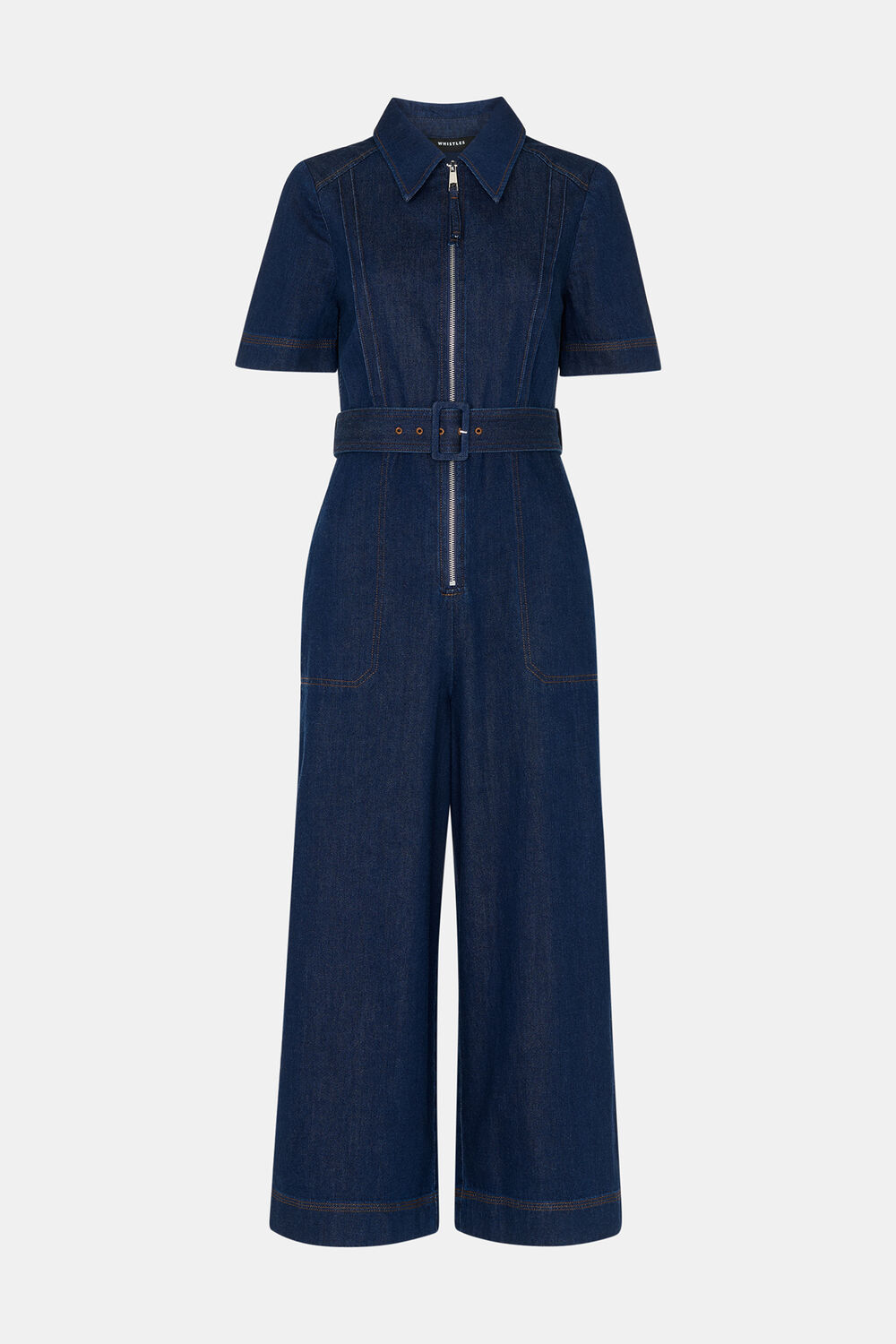 Petite Denim Pintuck Belted Jumpsuit