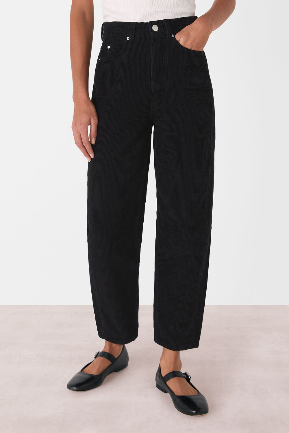 Black High Waist Cord Barrel Jean