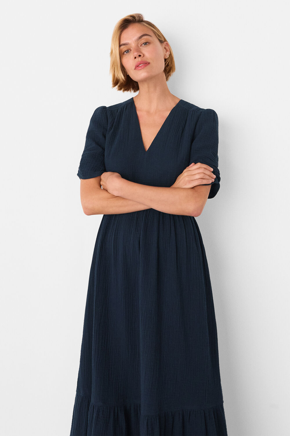 Navy Textured Cotton Midi Dress