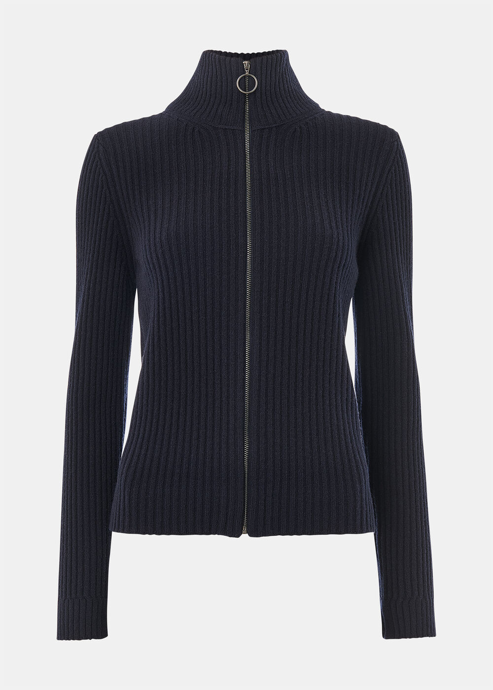Wool Zip Front Rib Cardigan