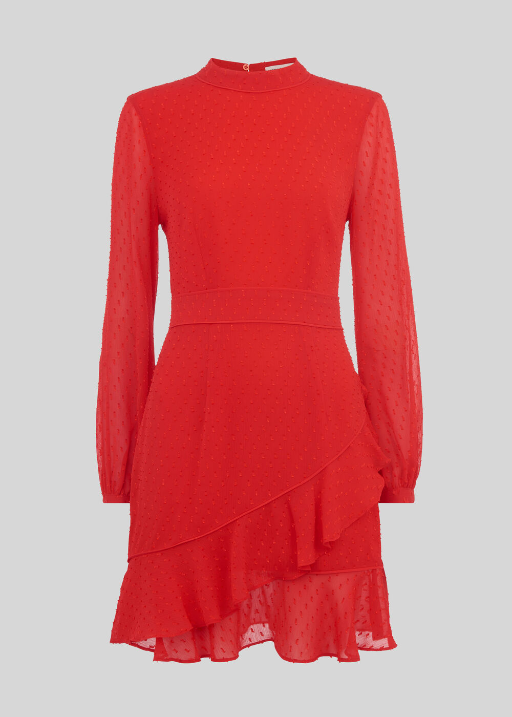 High Neck Dobby Frill Dress Red