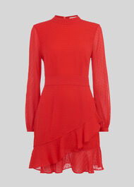 High Neck Dobby Frill Dress Red