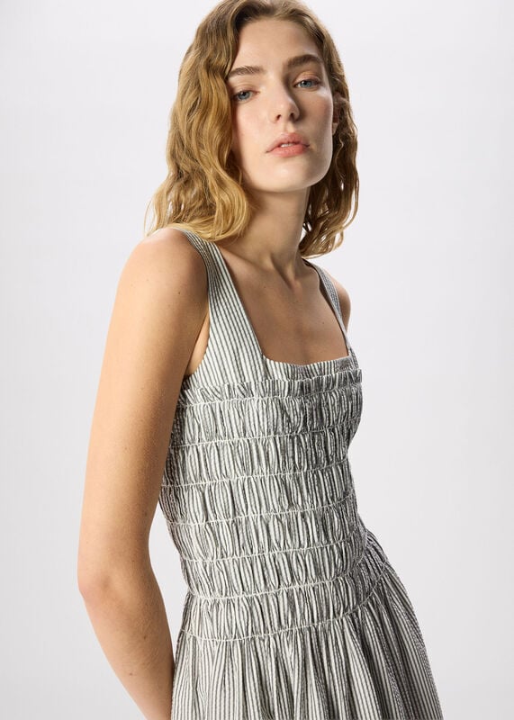 White Seersucker Ruched Bodice Dress