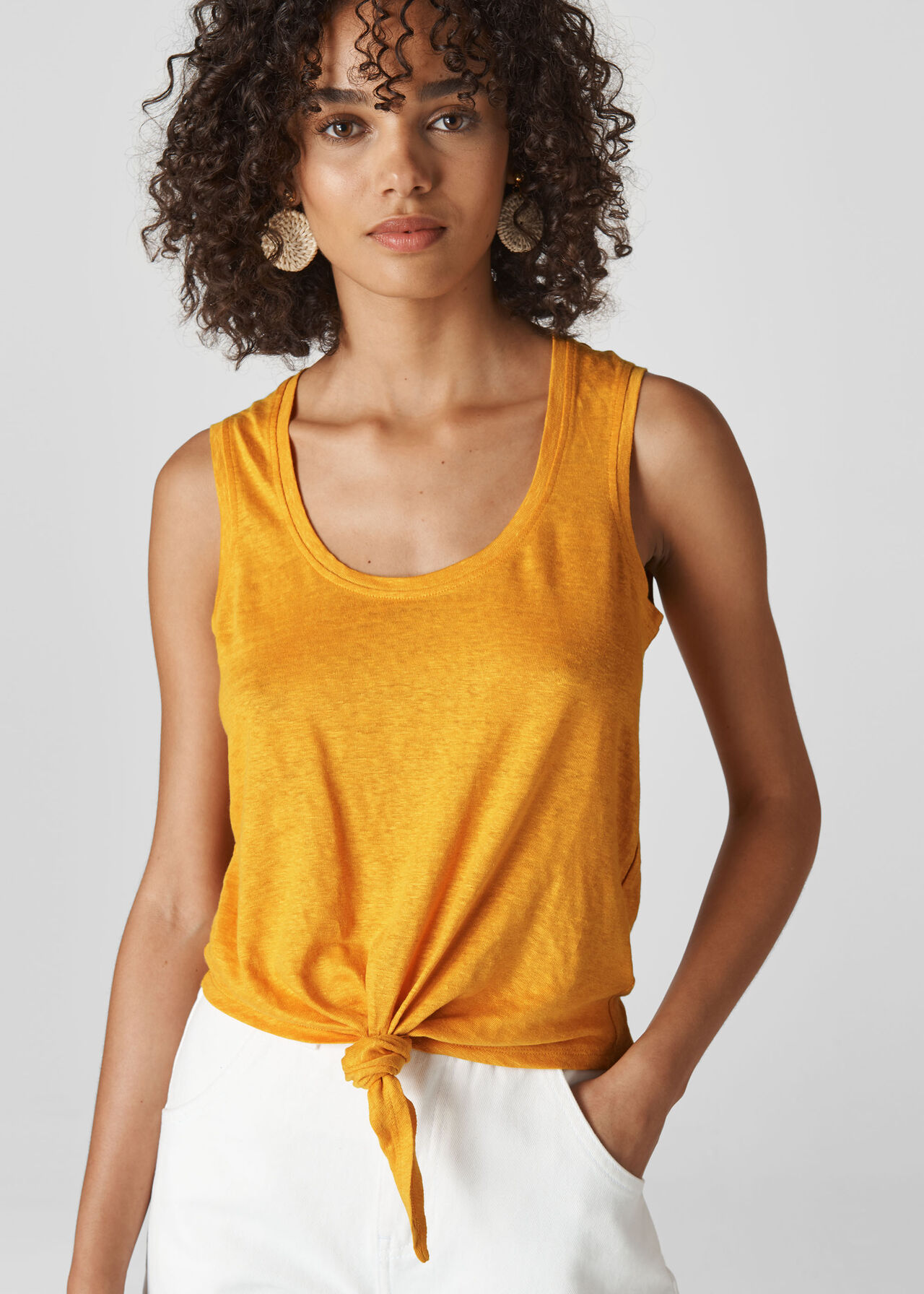 Tie Front Linen Tank Top Yellow