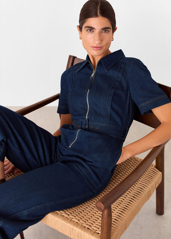 Denim Pintuck Belted Jumpsuit