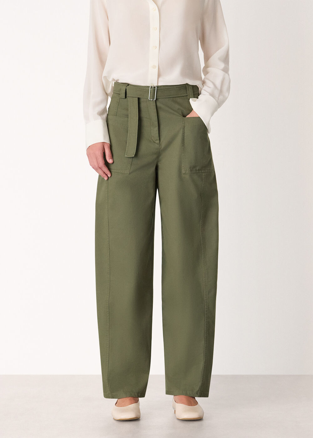 Belted Cotton Barrel Trouser