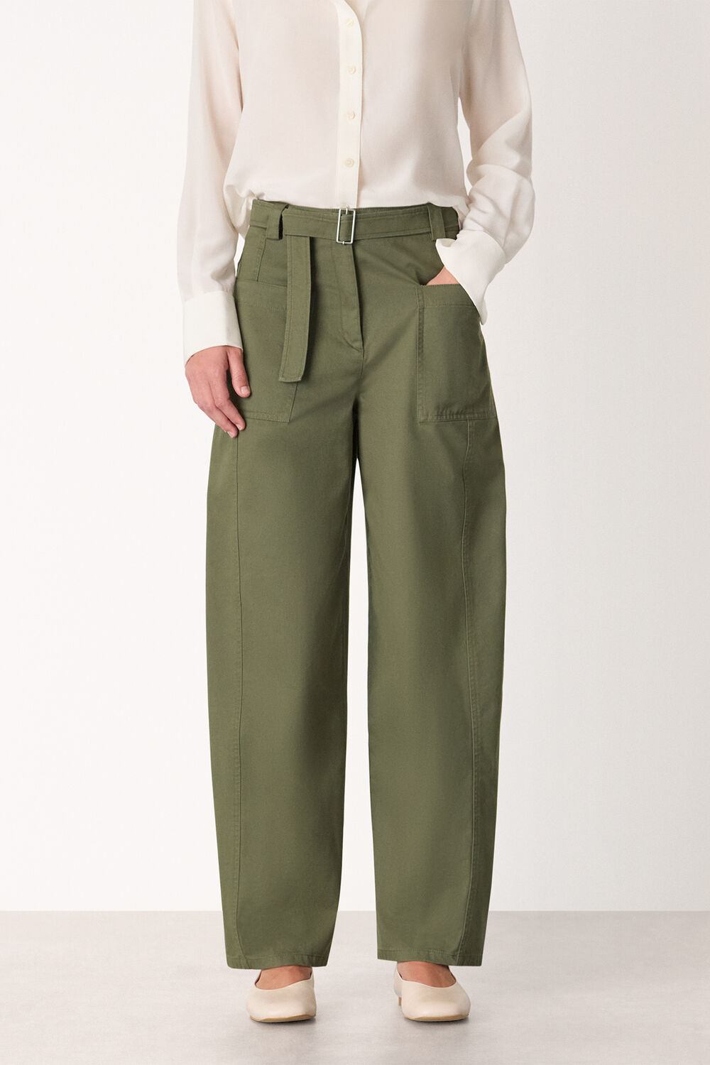 Khaki Belted Cotton Barrel Trouser