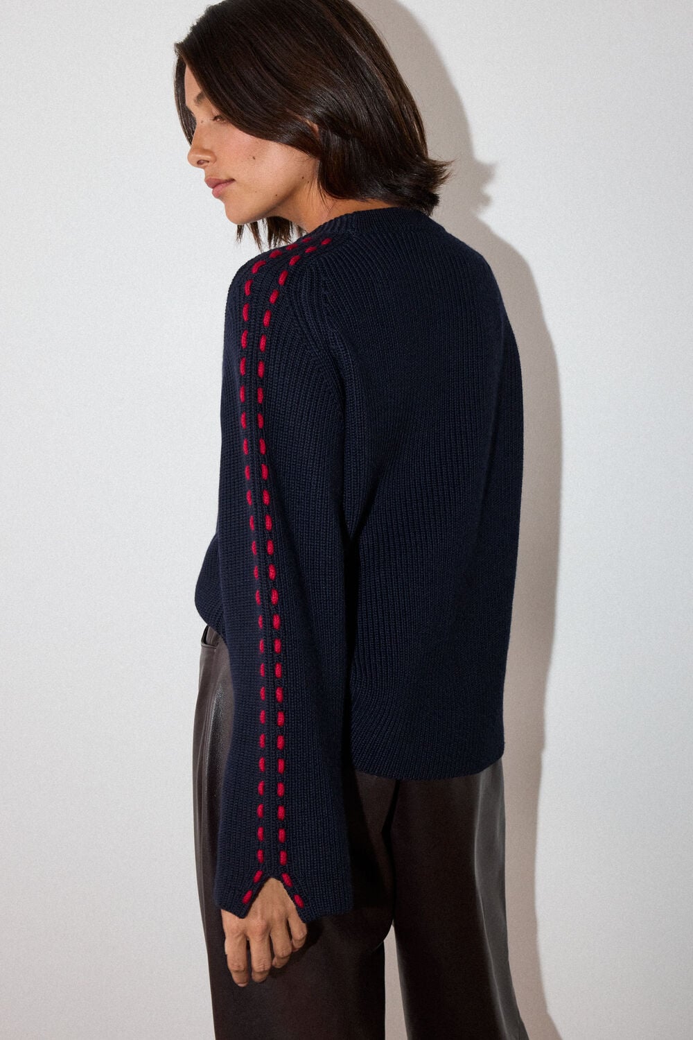 Navy Wool Mix Contrast Stitch Knit