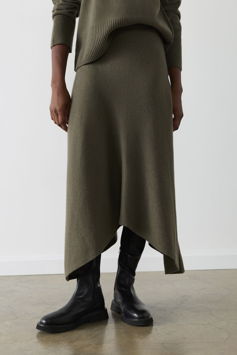 Khaki Asymmetric Hem Wool Knit Skirt