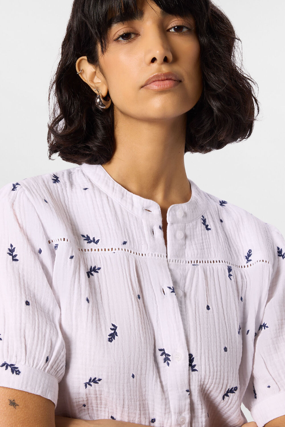 Ivory Embroidered Cotton Frill Top