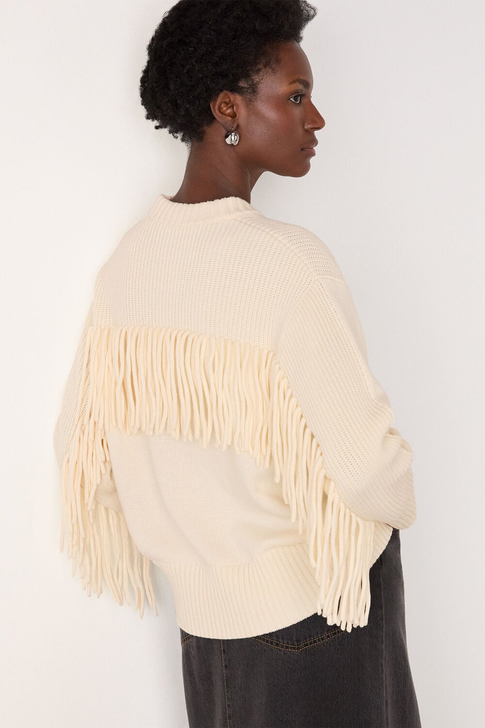 Ivory Fringe Rib Detail Cotton Knit