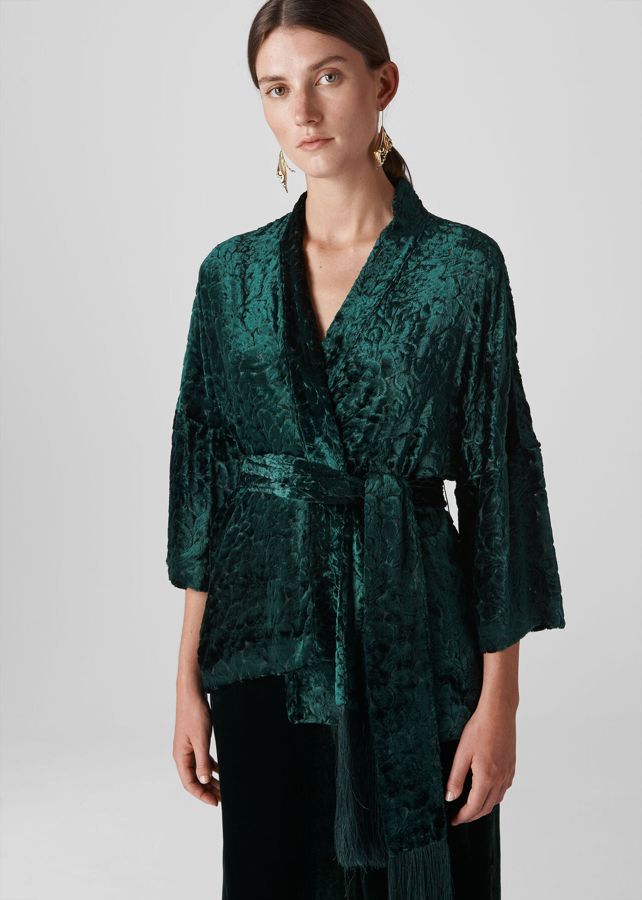 Evony Velvet Kimono Jacket Green