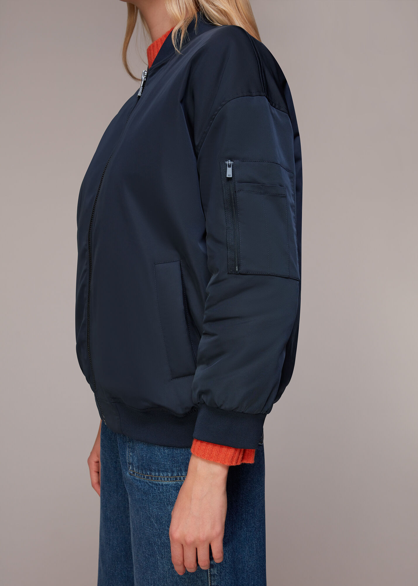 Navy Bomber Jacket in a Relaxed Fit with Side Pockets Whistles