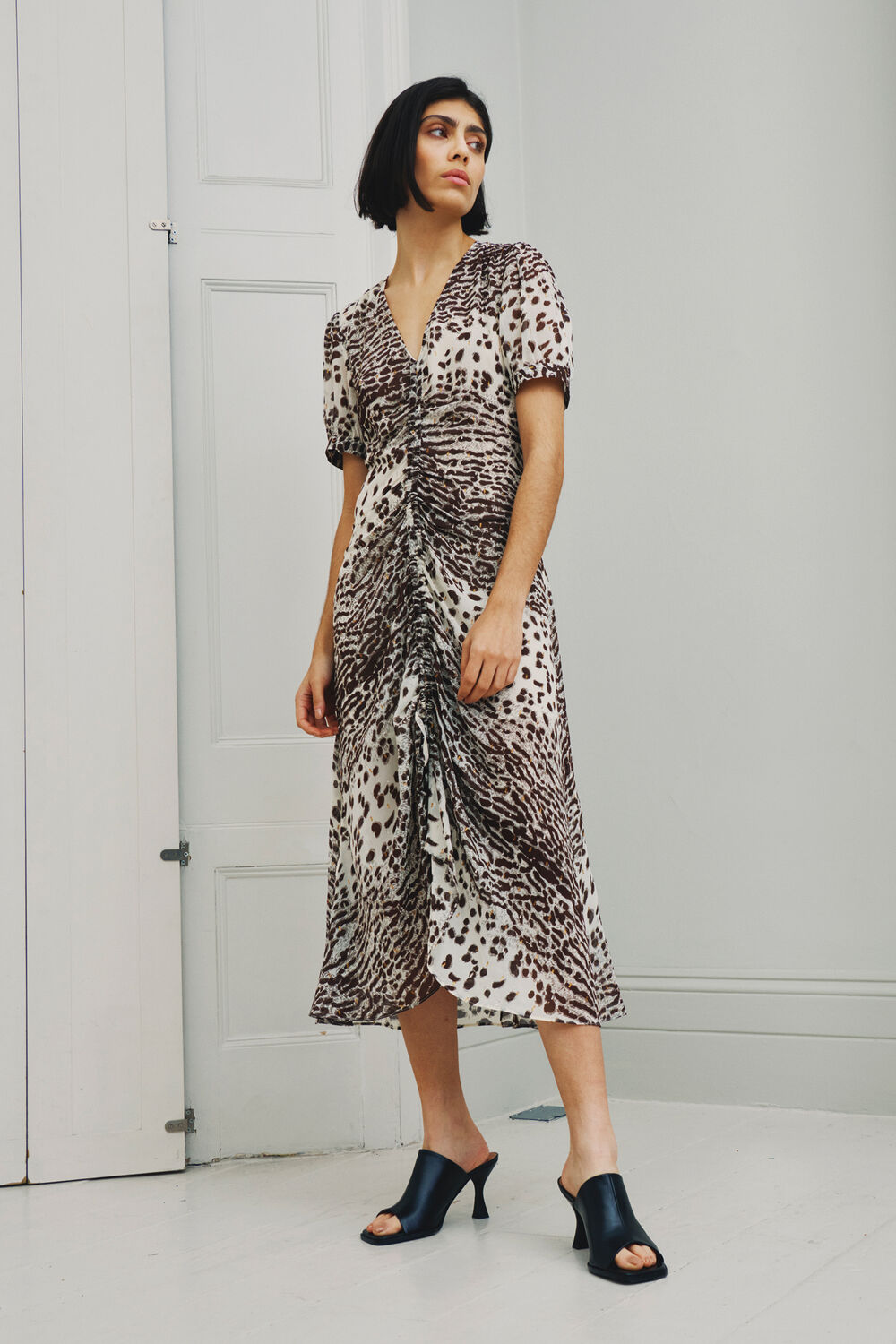 Jaguar Print Ruched Midi Dress