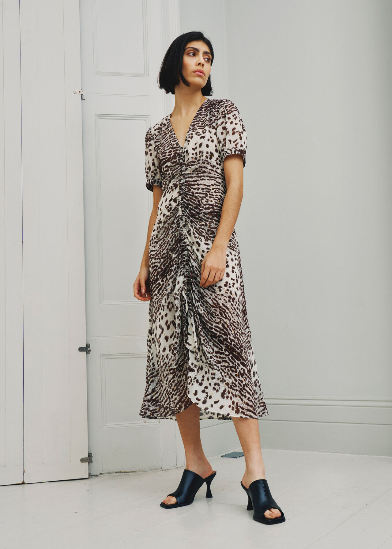 Jaguar Print Ruched Midi Dress