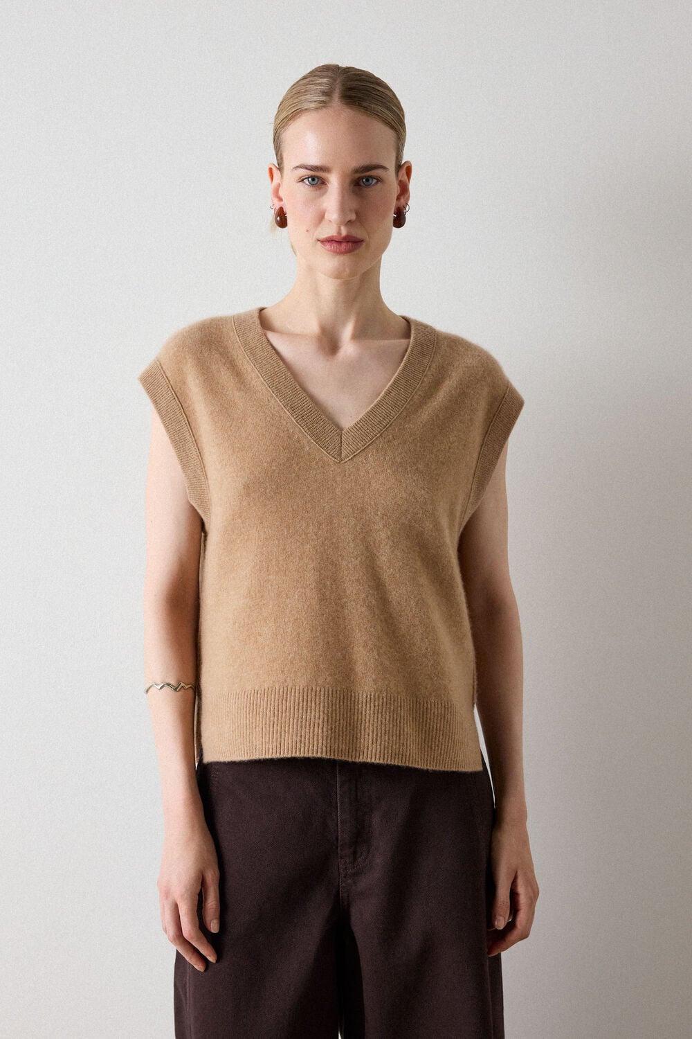 Camel Cashmere V Neck Tank