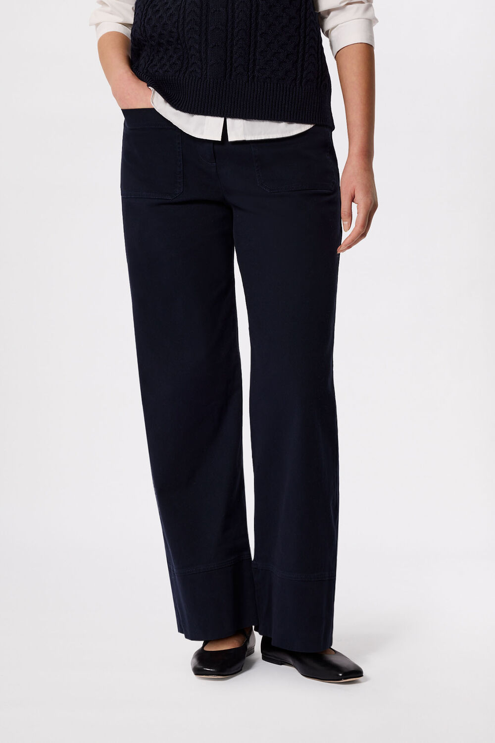 Navy Wide Leg Casual Cotton Trouser