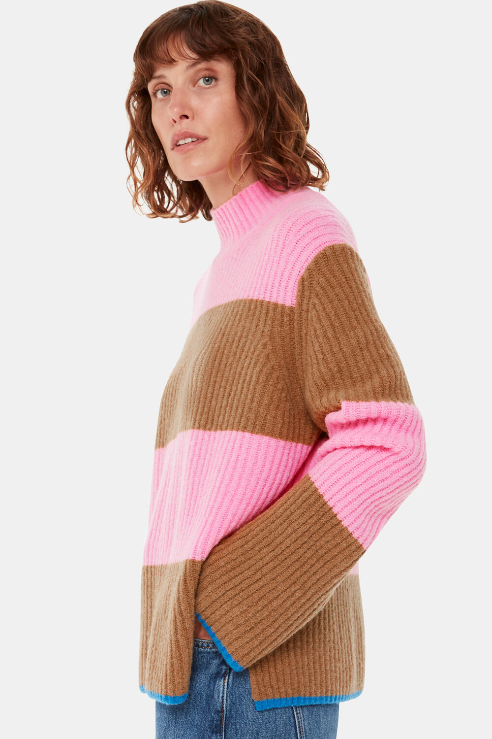 Block Stripe Rib Funnel Neck